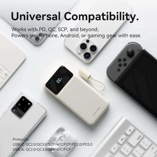 Vention XGY39 Baterie Externă 10000mAh 22.5W cu Port USB-A și Port USB-C Power Delivery Încărcare Rapidă Albă