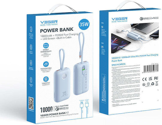 Veger Power Bank 10000mAh 35W with USB-A Port and USB-C Port Power Delivery Blue