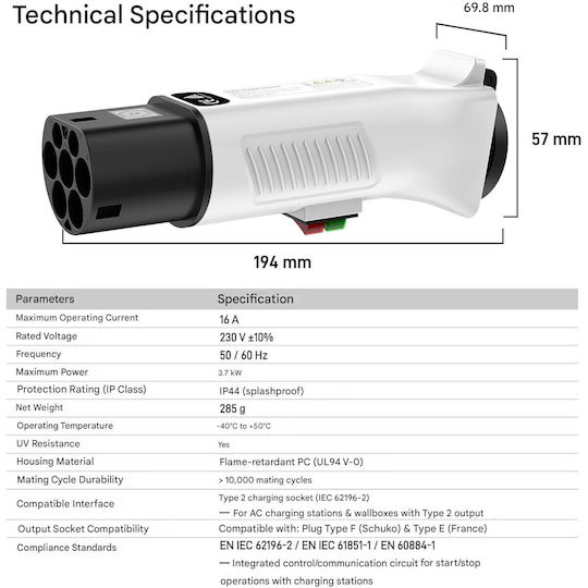 Adaptor Ev Tip 2 La Schuko Iec 62196 La Priză 230v 16a 3.68 Kw Ip44 Stații Încărcare Ev Wallbox Biciclete Electrice Trotinete