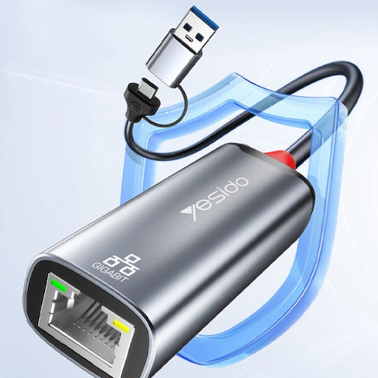 Ethernet Adapter Usb 3.0 Usb Type-c To Rj45 Gigabit 1000mbps Aluminum Yesido Gray
