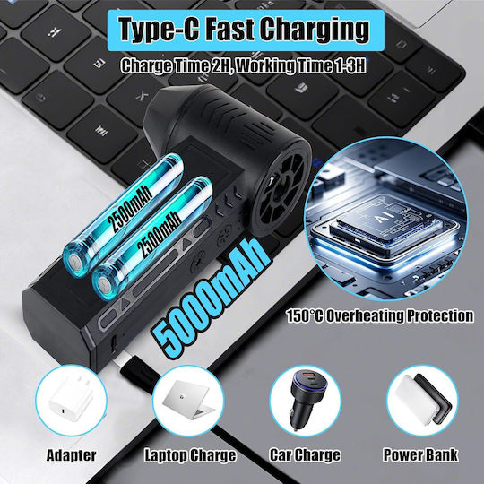 Suflantă de Mână Portabilă Aer Comprimat Spray 130000 Rpm Lanternă Led 4 Trepte de Viteză Încărcare Rapidă Usb-c Baterie 5000 Mah Neagră