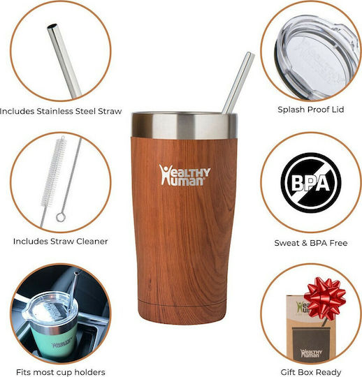 Healthy Human Recyclable Thermos Cup Stainless Steel / Plastic BPA Free 591ml Natural Wood with Straw