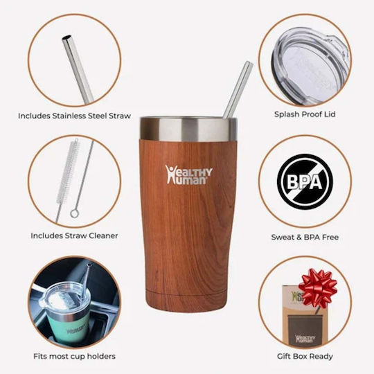Healthy Human Recyclable Thermos Cup Stainless Steel / Plastic BPA Free 591ml Natural Wood with Straw