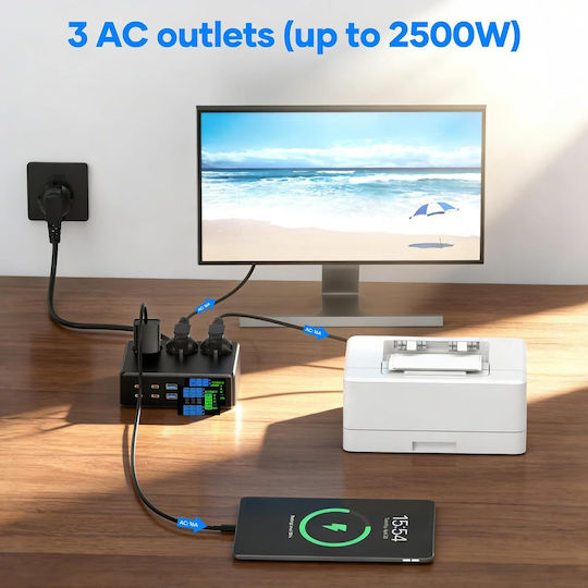Prelungitor Bandă de Alimentare de Siguranță cu 9 Prize cu USB-A USB-C și Cablu de 1.2m