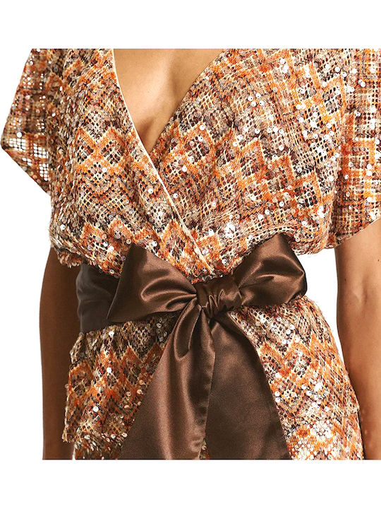 Women's Short Sleeve Blouse with V-Neckline Beige-Orange
