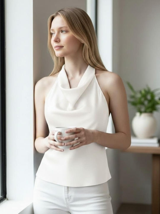 Women's Sleeveless Draped White Top