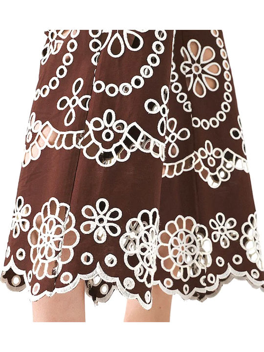 Women's High Rise Fabric Capri Trousers in Straight Leg Floral Brown-White