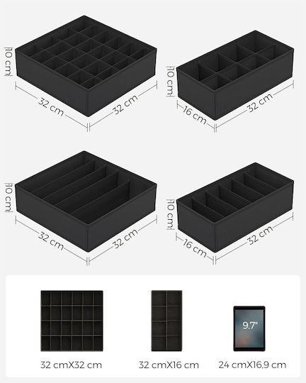 Songmics Fabric Storage Case for Belts Socks Underwear Ties in Black Color 4 Pieces