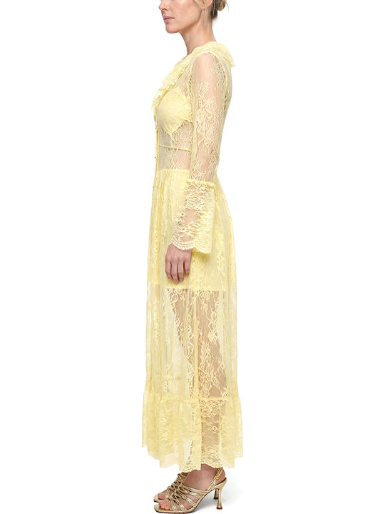 Dress Women Maxi Wedding Christening with Lace Yellow