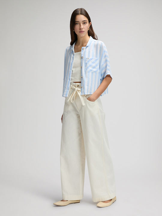 Short Sleeve Women's Linen Shirt Light Blue Striped