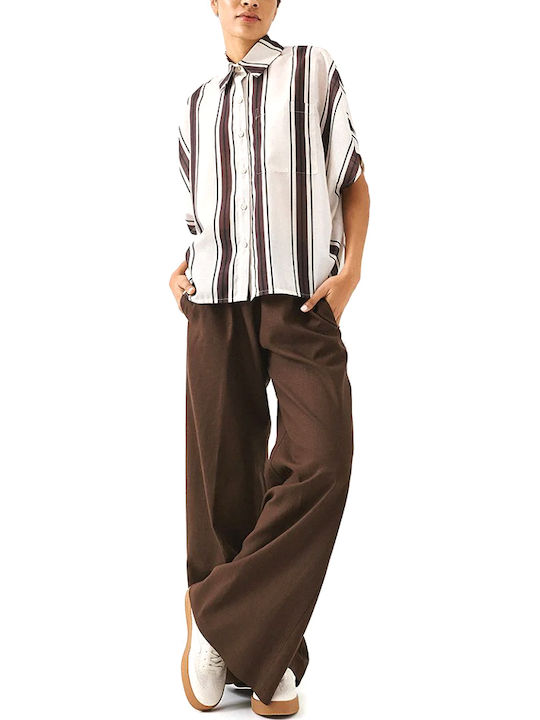 Short Sleeve Women's Shirt Brown-Beige Striped