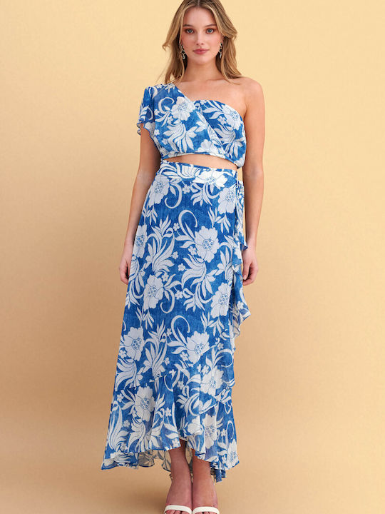 Denim Maxi Skirt Floral Blue