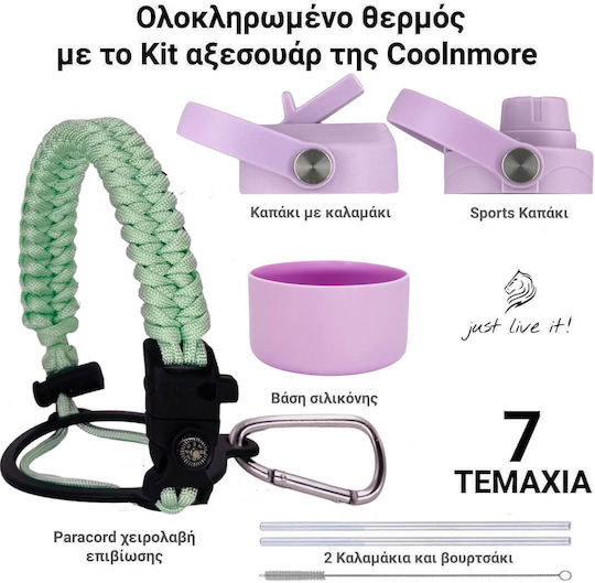 Cool'NMore Stainless Steel Thermos Bottle BPA Free 500ml Stainless Steel with Straw Handle Loop and Mouthpiece