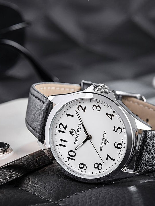 Perfect Men's Battery Watch with Black Leather Strap