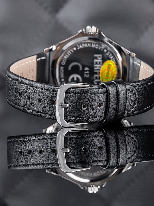 Perfect Men's Battery Watch with Black Leather Strap