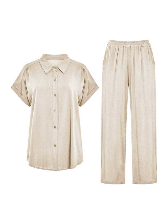 Celestino Set Women's Shirt Palazzo Pants Viscose Loose Fit Beige