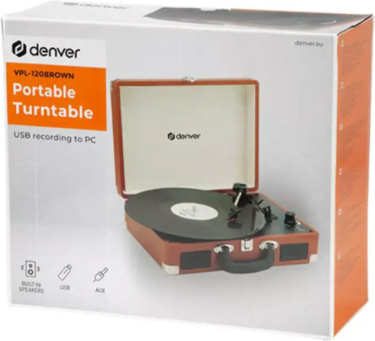 Denver VPL-120BROWN Βαλιτσάκι Πικάπ με Προενίσχυση και Ενσωματωμένα Ηχεία Καφέ