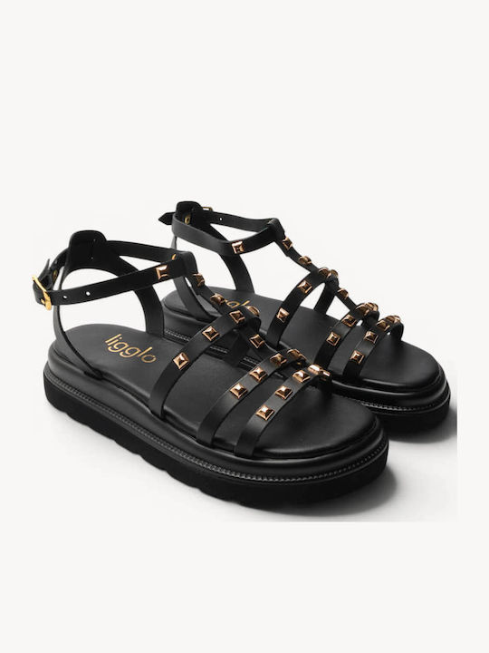 Flatforme De Piele Negre Cu Ținte Aurii Și Curele
