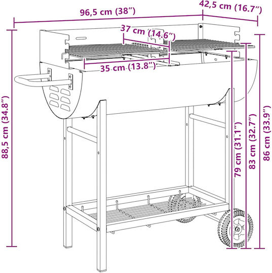 Vidaxl Γκριλ Κάρβουνο Ρυθμιζόμενος Μαύρο 96,5 X 42,5 X 88,5 Εκ