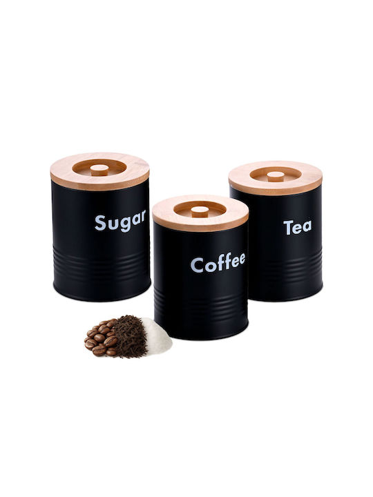 Relaxdays Set 3 Bucăți Vaze pentru Cafea / Ceai / Zahăr cu Capac Lemn Negru 1000ml 3 Bucăți