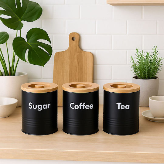 Relaxdays Set of 3 Jars for Coffee Tea Sugar with Wooden Black Lid 1000ml 3 Pieces