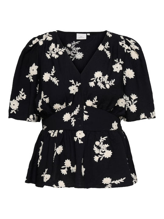 Women's Cotton Blouse with V-Neck Floral Black
