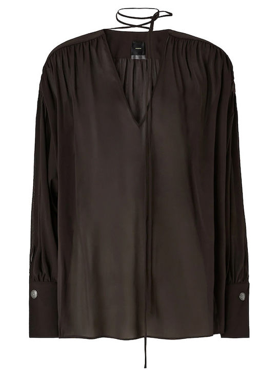 Women's Cotton Long Sleeve Blouse with V-Neck Brown