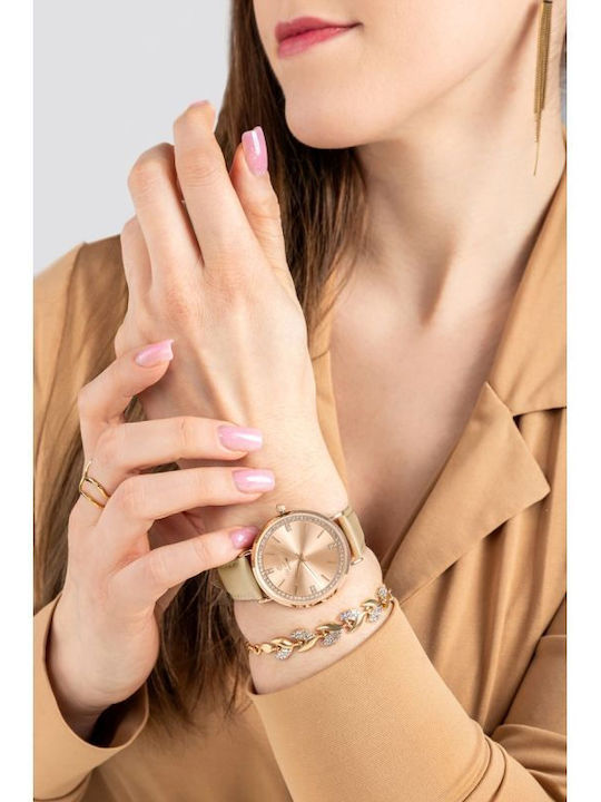 Giewont Womens Battery Watch With Pink Gold Leather Strap