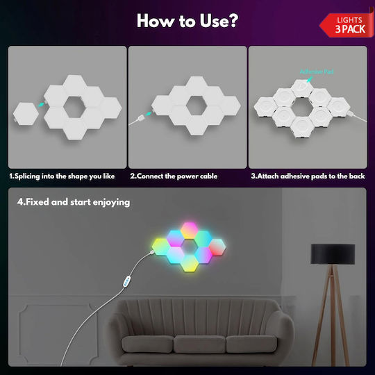 Qova Smart Lămpi Decorative Pentru Masă LED RGBIC Hexagon 3 Buc