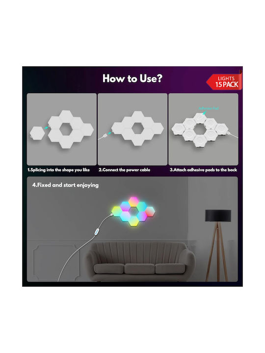 Qova Smart Διακοσμητικό Φωτιστικό LED RGBIC Hexagon 15τμχ