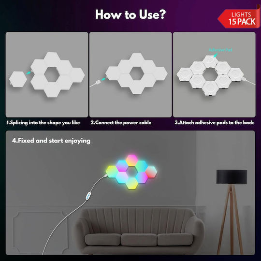 Qova Smart Dekoratives Tischlampen LED RGBIC Sechseck 15τμχ