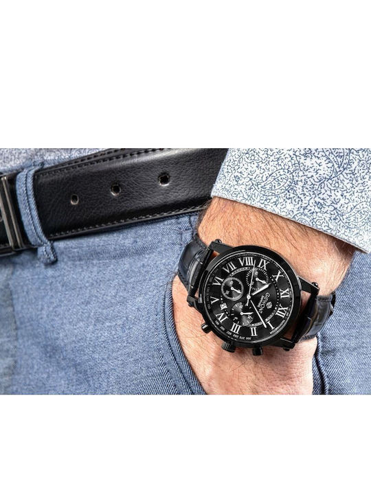 Giewont Herrenuhr 42mm Chronograph Batterie mit Schwarz Lederriemen