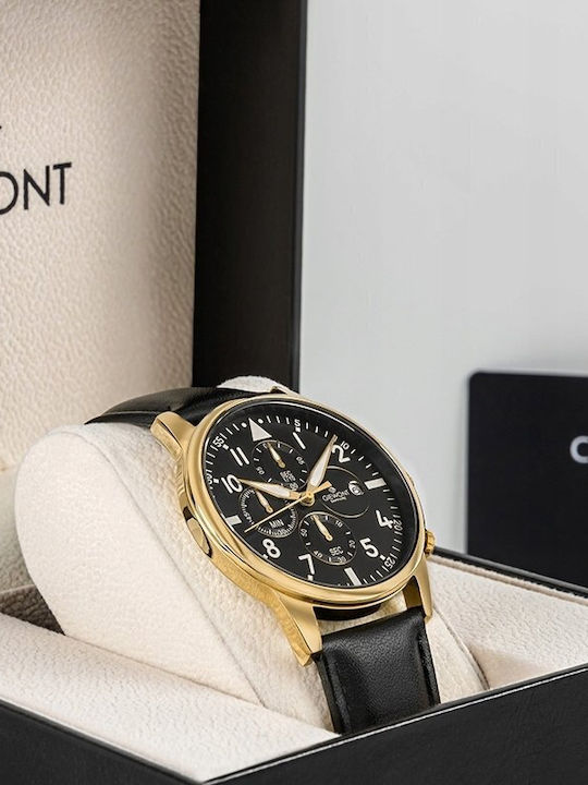 Men's Watch 22mm Chronograph Battery with Black Leather Strap
