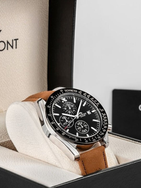Men's Watch 44mm Chronograph Battery with Brown Leather Strap