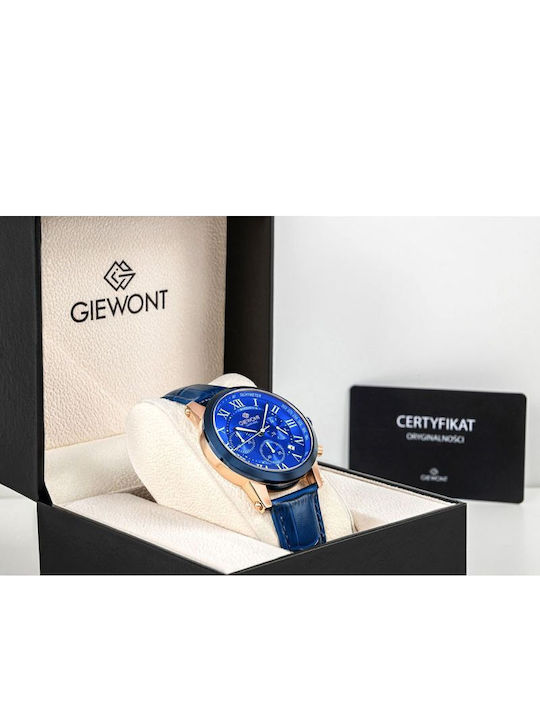 Giewont Herrenuhr 42mm Chronograph Batterie mit Blauem Lederriemen