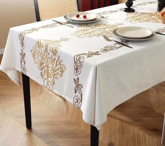 FRIPIA Leinen Tischdecke mit Goldstickerei 140x250cm
