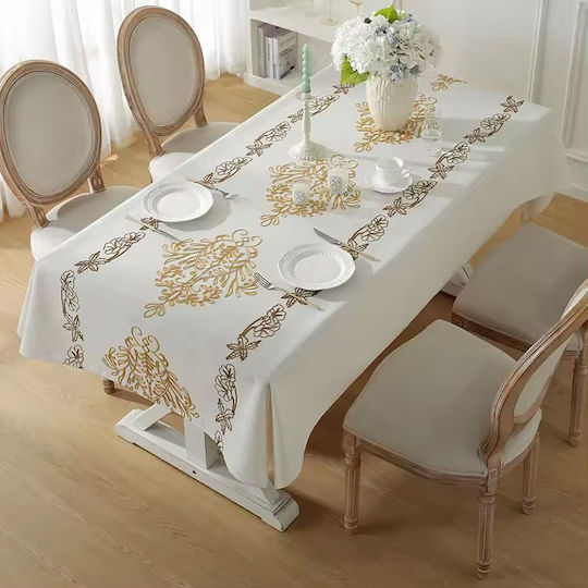 FRIPIA Leinen Tischdecke mit Goldstickerei 140x250cm