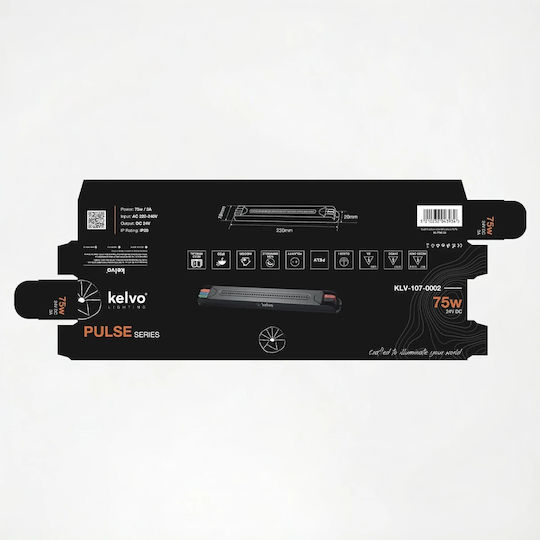 Kelvo Pulse Klv-107-0002 Ultra Slim Power Supply Transformer Class I Pelv 75W 3A AC 220-240V DC 24V IP20 Gray Anthracite Matte M23 X W1.9 X H2cm 5 Years Warranty