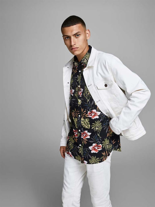 Men's Floral Shirt with Short Sleeves Slim Fit Black
