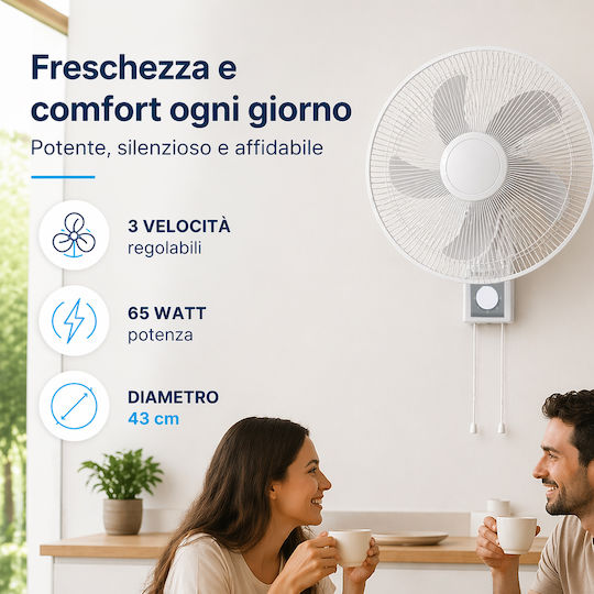 Bakaji Wall Fan 65W Fan Diameter 43cm White