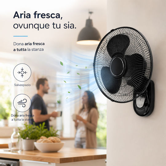 Bakaji Wall Fan 65W 40cm Diameter with Remote Control Black