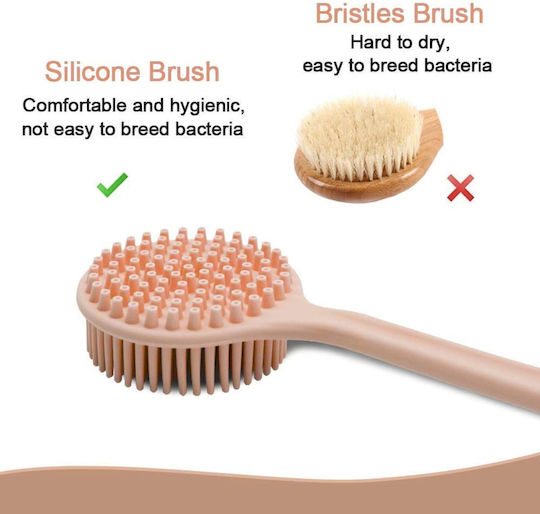 Double-Sided Silicone Bath Brush with Long Pink Handle