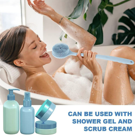 Double-Sided Silicone Bath Brush with Long Light Blue Handle
