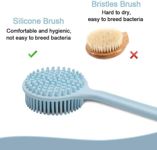 Double-Sided Silicone Bath Brush with Long Light Blue Handle
