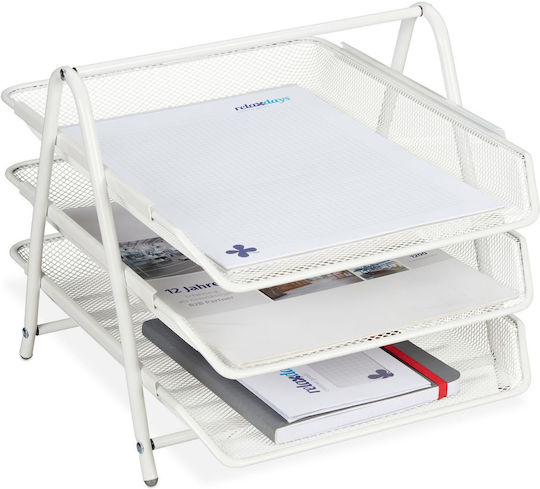 Relaxdays Suport Documente Metalic 3 Compartimente Alb 26.5x29.5x35.5cm