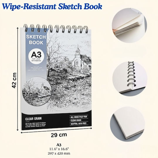 Roza Sketchbook A3 160gsm Spiral Sketch Pad 48 Pages Blue For Pencil & Markers