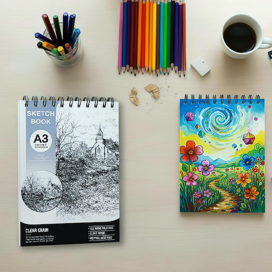 Roza Sketchbook A3 160gsm Spiral Sketch Pad 48 Pages Blue For Pencil & Markers