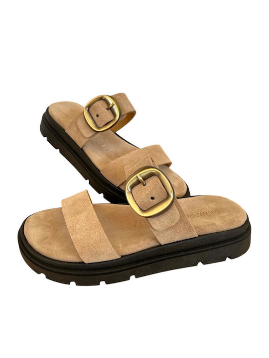Leather Women's Flat Sandals Flatforms Beige