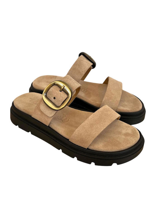 Leather Women's Flat Sandals Flatforms Beige