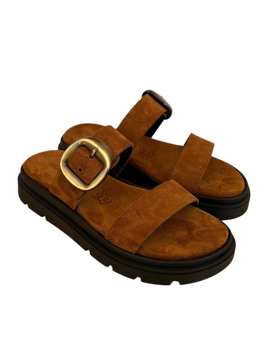 Leather Women's Flat Sandals Flatforms Brown
